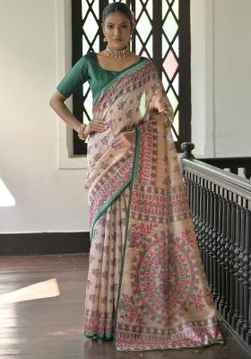Green Printed Tussar Silk Saree Set