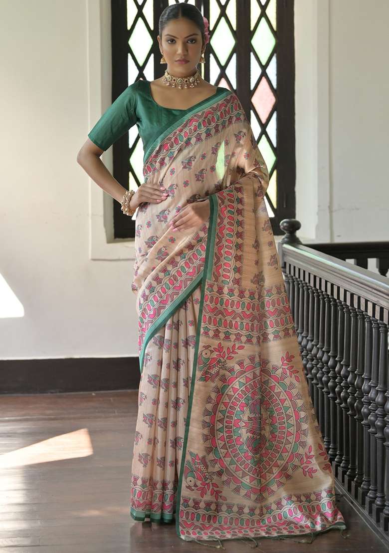 Green Tussar Silk Blend Saree Set with Printed for Diwali | Wedding & Festive Wear - Indya
