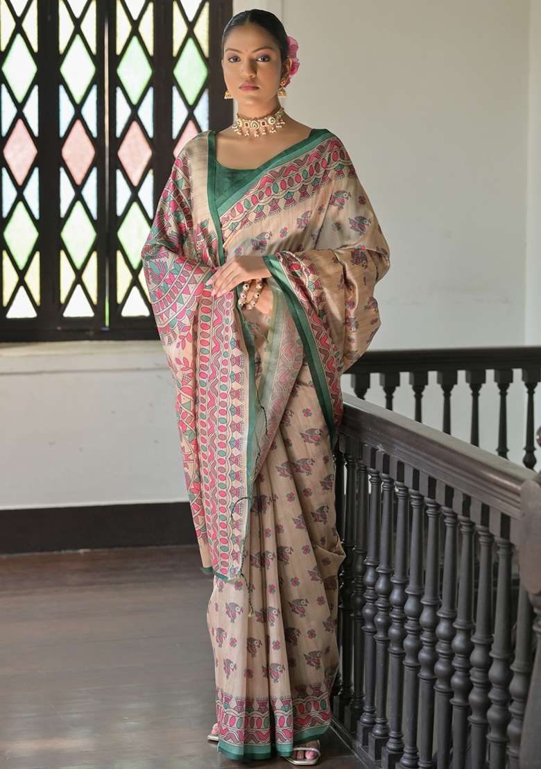 Green Tussar Silk Blend Saree Set with Printed for Diwali | Wedding & Festive Wear - Indya