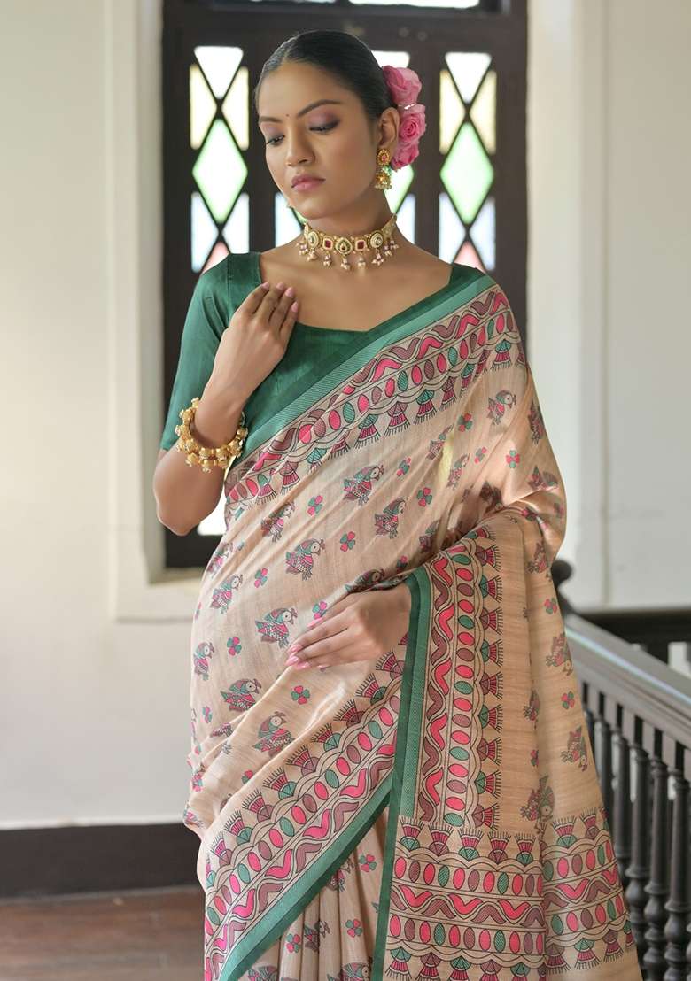 Green Tussar Silk Blend Saree Set with Printed for Diwali | Wedding & Festive Wear - Indya