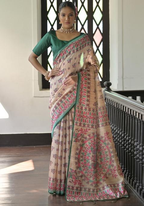 Green Printed Tussar Silk Saree Set