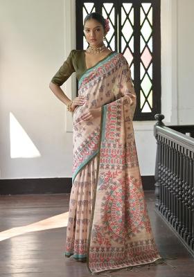 Henna Green Printed Tussar Silk Saree Set