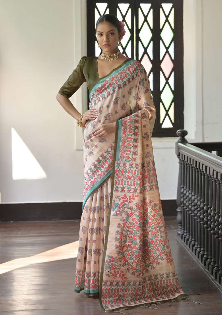Henna Green Tussar Silk Blend Saree Set with Printed for Diwali | Wedding & Festive Wear - Indya