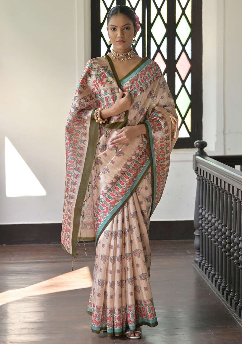 Henna Green Tussar Silk Blend Saree Set with Printed for Diwali | Wedding & Festive Wear - Indya