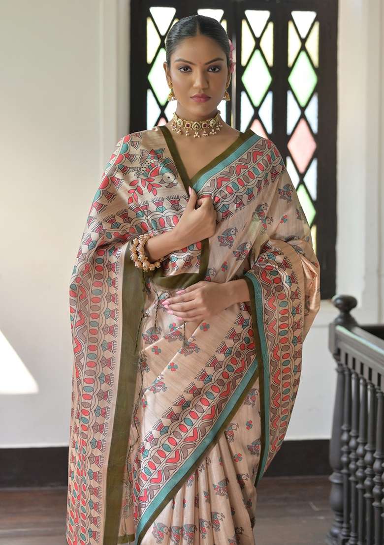 Henna Green Tussar Silk Blend Saree Set with Printed for Diwali | Wedding & Festive Wear - Indya