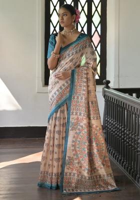 Rama Printed Tussar Silk Blend Saree Set