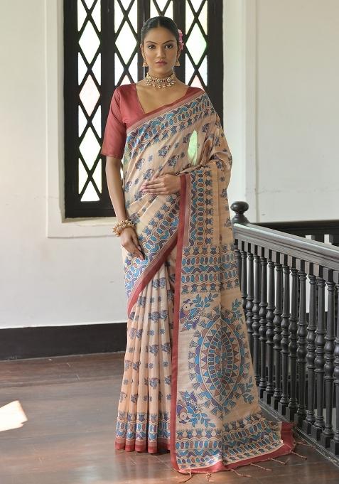 Red Printed Tussar Silk Saree Set