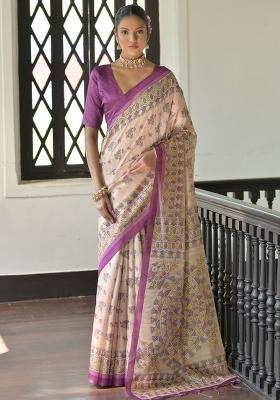 Wine Printed Tussar Silk Saree Set