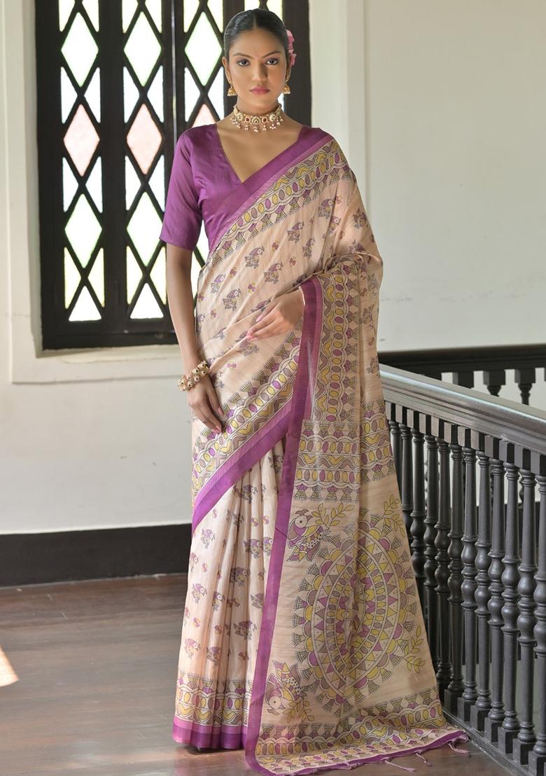 Wine Printed Tussar Silk Saree Set