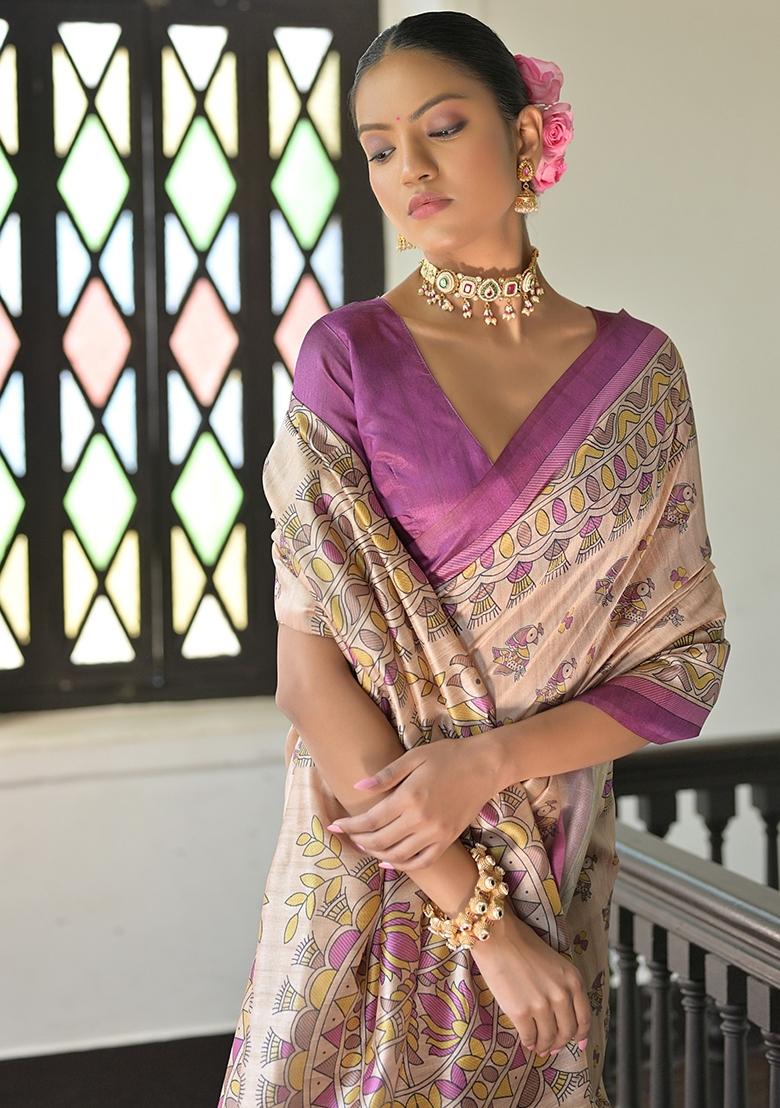Wine Printed Tussar Silk Saree Set