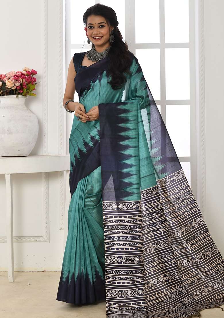 Aqua Blue Printed Tussar Silk Blend Saree Set for Diwali and Festive Wear - Indya