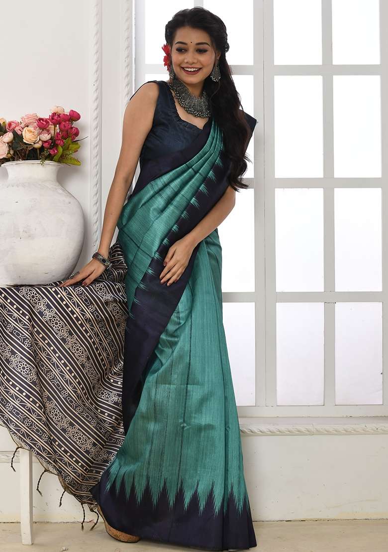 Aqua Blue Printed Tussar Silk Blend Saree Set for Diwali and Festive Wear - Indya