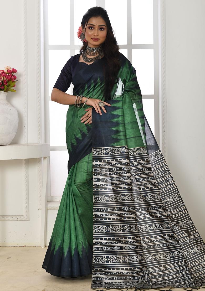 Bottle Green Printed Tussar Silk Saree Set