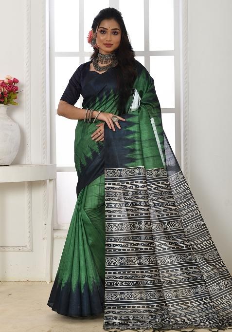 Bottle Green Printed Tussar Silk Saree Set