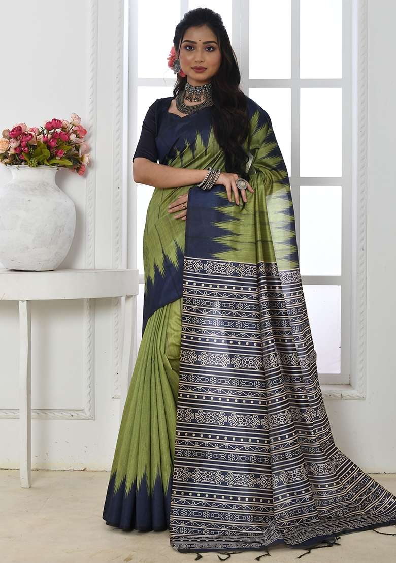 Green Printed Tussar Silk Blend Saree Set for Diwali and Festive Wear - Indya