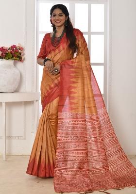 Orange Printed Tussar Silk Saree Set