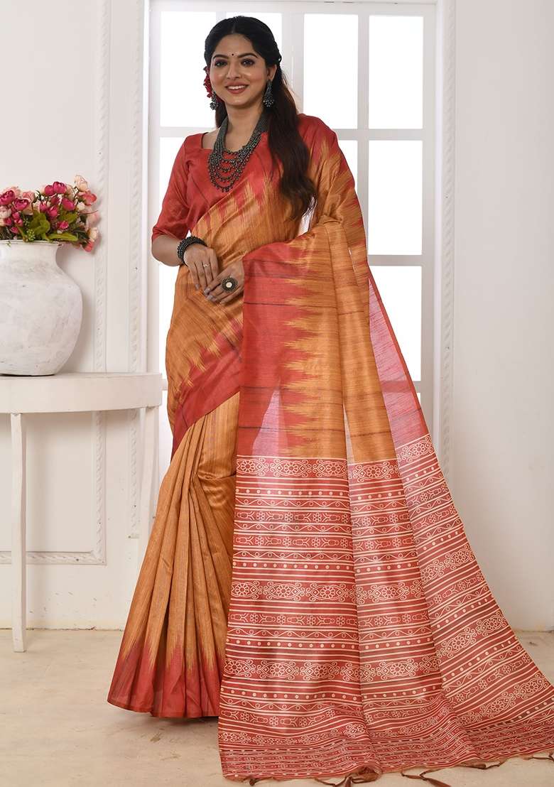 Orange Tussar Silk Blend Saree Set with Printed for Diwali | Wedding & Festive Wear - Indya