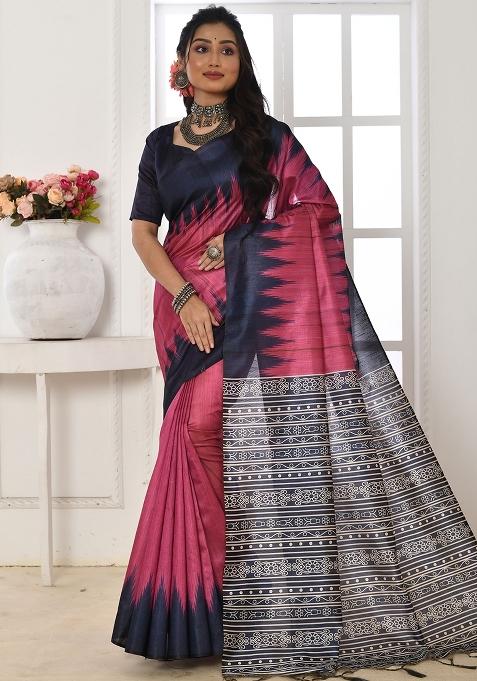 Pink Printed Tussar Silk Saree Set
