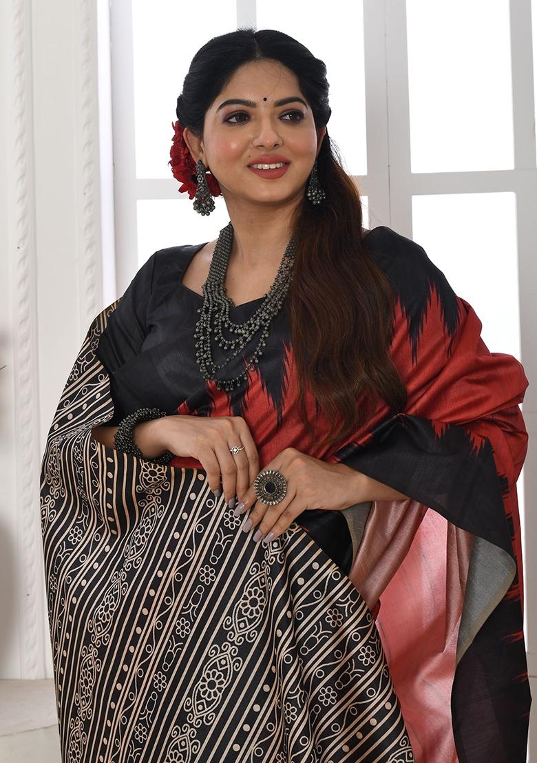 Red Printed Tussar Silk Saree Set