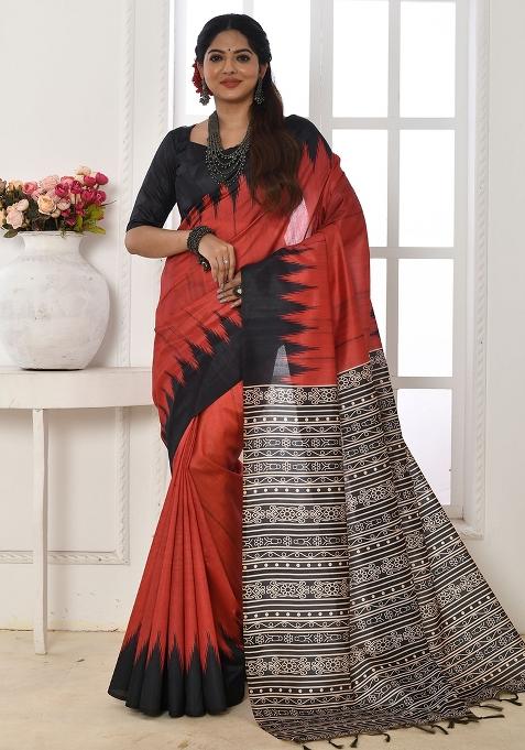 Red Printed Tussar Silk Saree Set