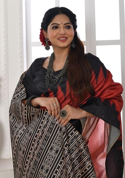 Red Printed Tussar Silk Saree Set