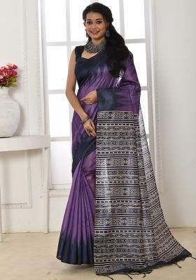 Violet Printed Tussar Silk Blend Saree Set