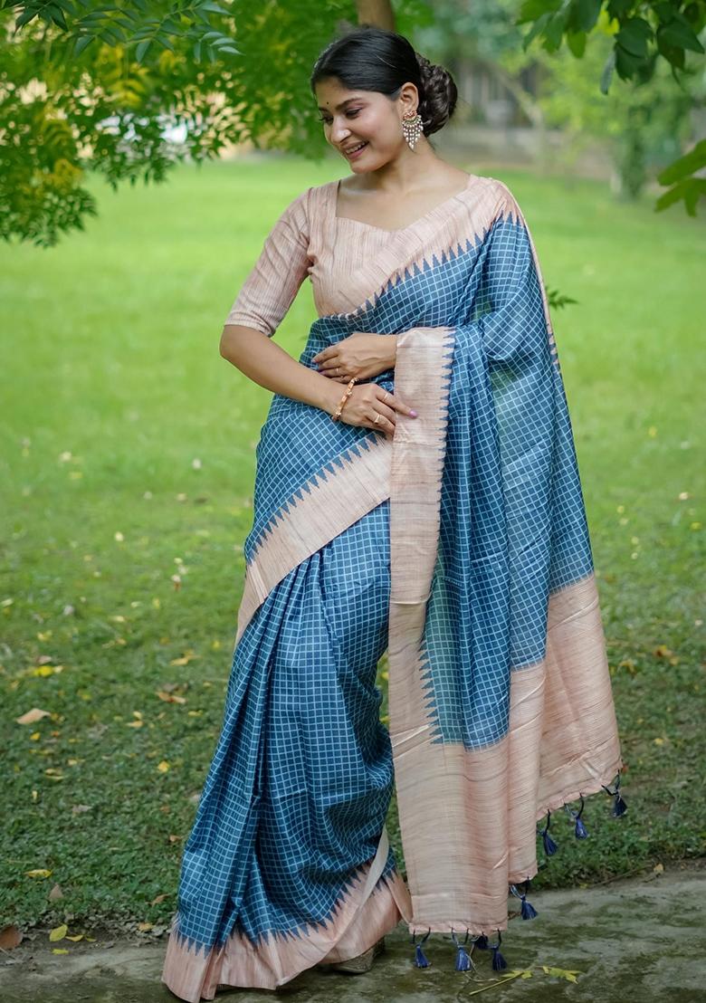 Blue Embroidered Tussar Silk Saree Set
