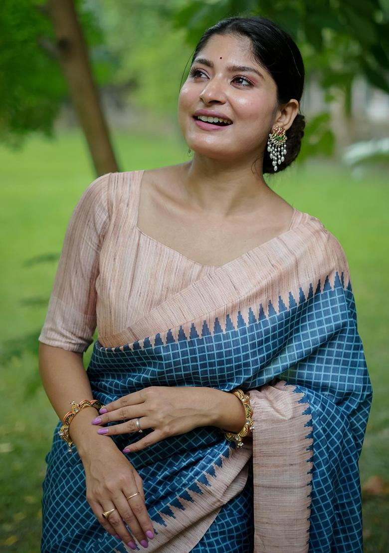 Blue Embroidered Tussar Silk Saree Set