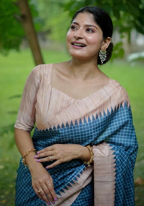 Blue Embroidered Tussar Silk Saree Set