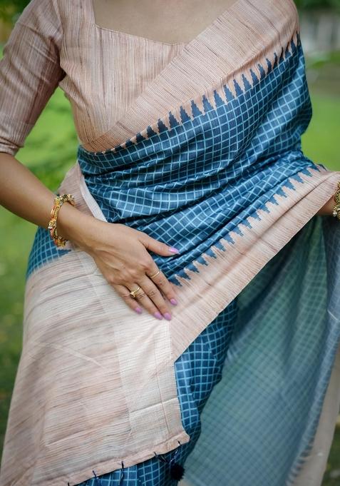 Blue Embroidered Tussar Silk Saree Set