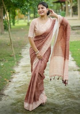 Brown Embroidered Tussar Silk Saree Set