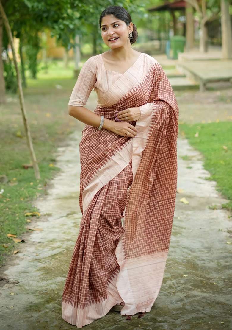 Brown Embroidered Tussar Silk Blend Saree Set for Diwali and Festive Wear - Indya