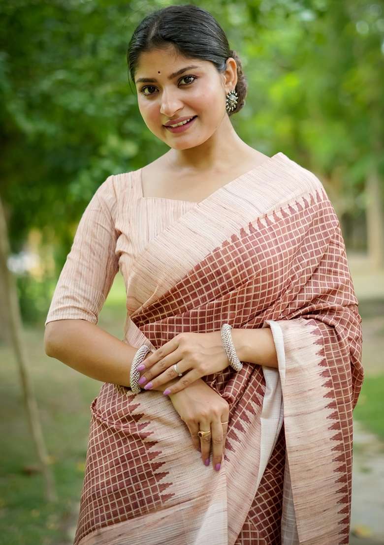 Brown Embroidered Tussar Silk Blend Saree Set for Diwali and Festive Wear - Indya