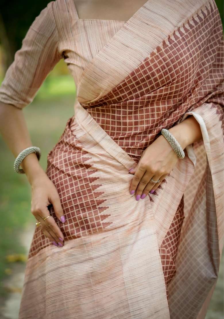 Brown Embroidered Tussar Silk Blend Saree Set for Diwali and Festive Wear - Indya