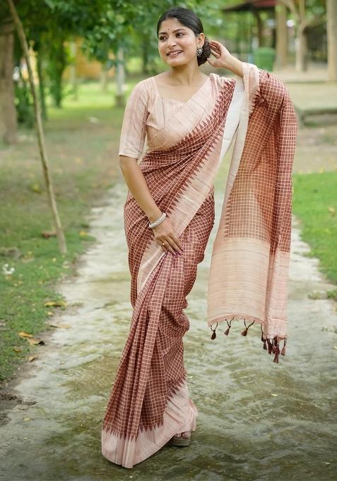 Brown Embroidered Tussar Silk Saree Set