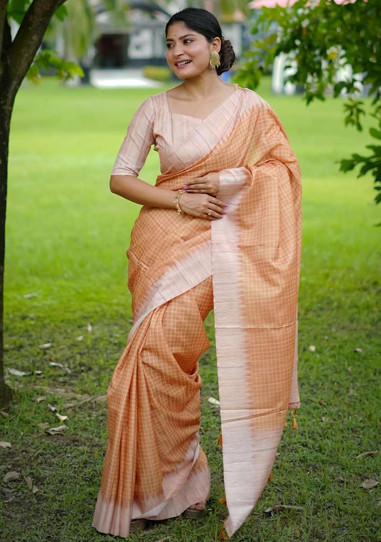 Orange Embroidered Tussar Silk Blend Saree Set for Diwali and Festive Wear - Indya