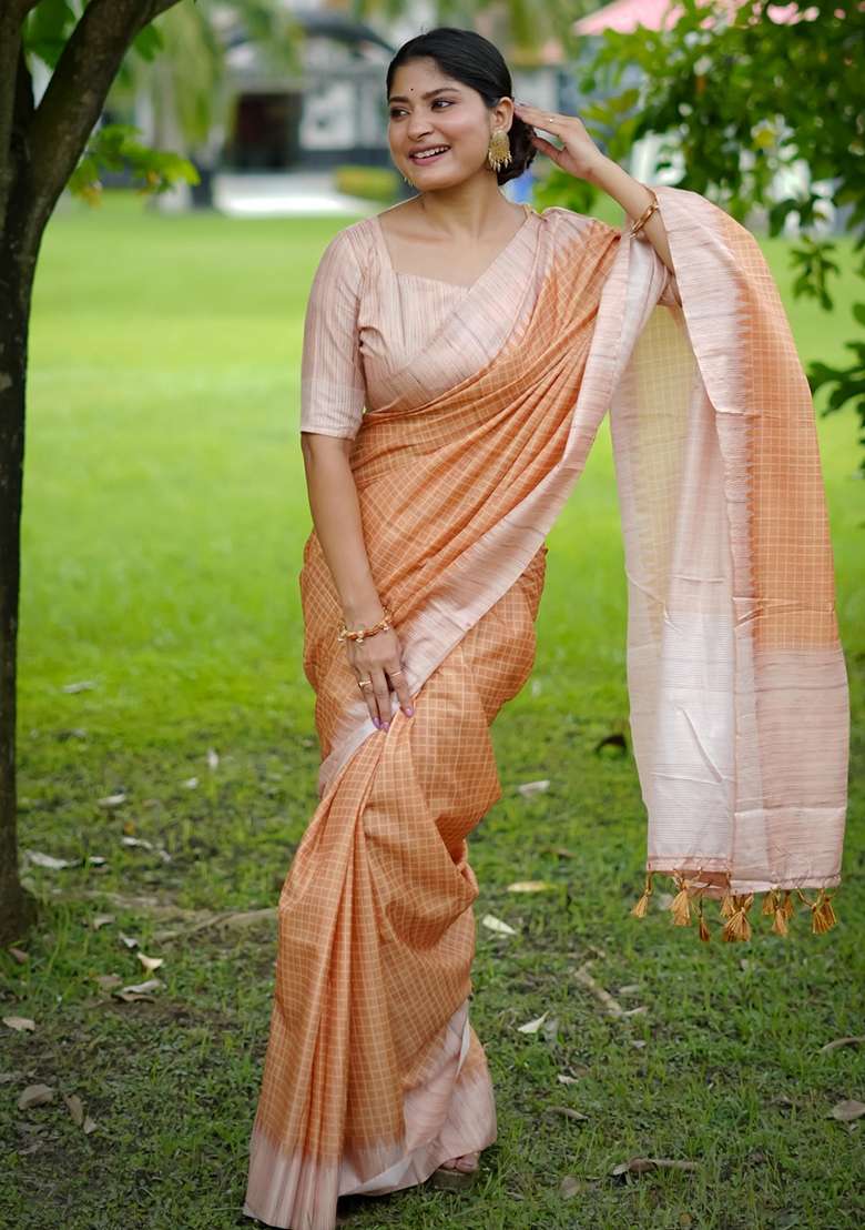 Orange Embroidered Tussar Silk Blend Saree Set for Diwali and Festive Wear - Indya