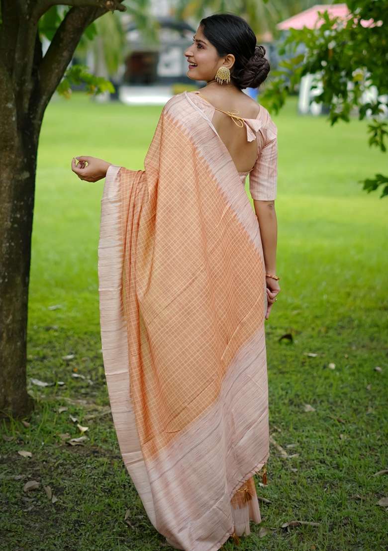 Orange Embroidered Tussar Silk Blend Saree Set for Diwali and Festive Wear - Indya