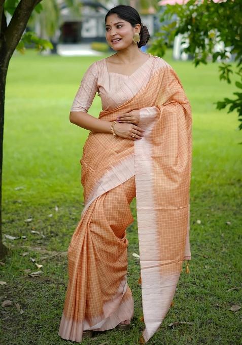 Orange Embroidered Tussar Silk Saree Set