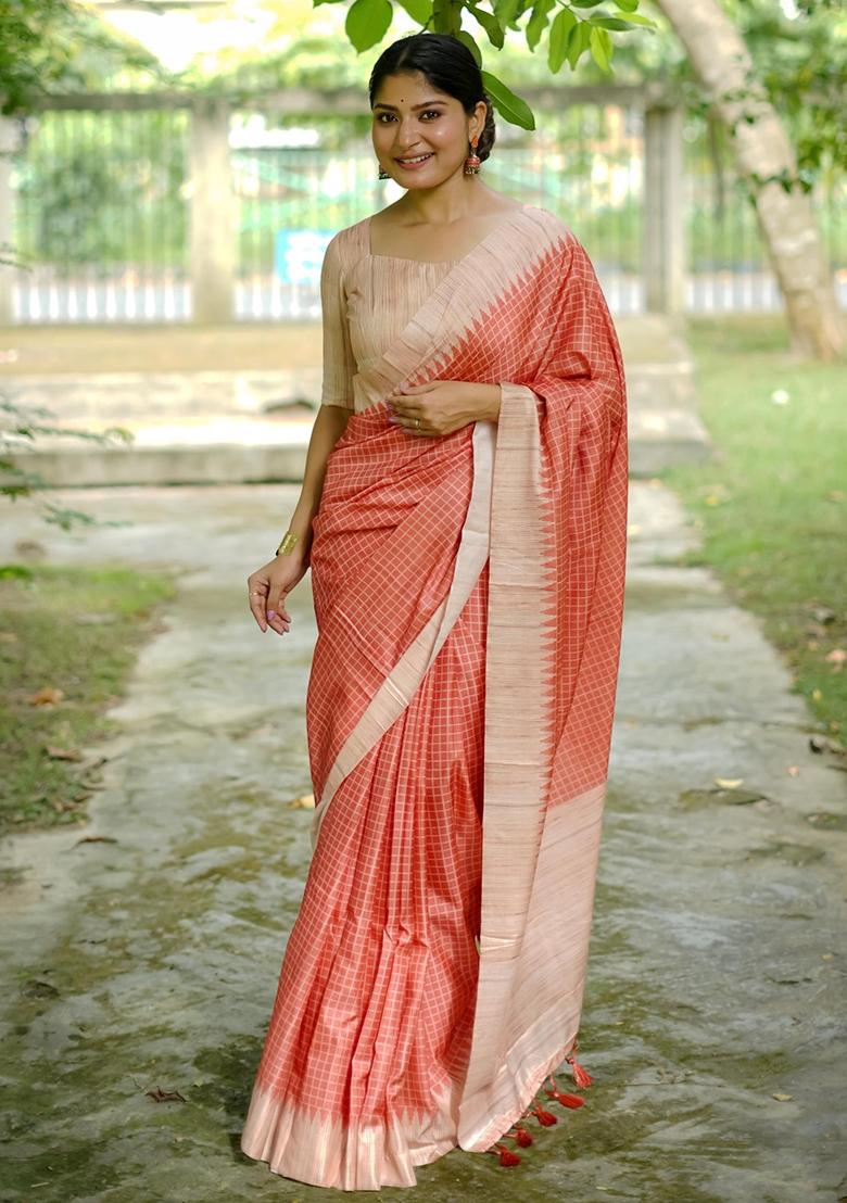 Peach Embroidered Tussar Silk Saree Set