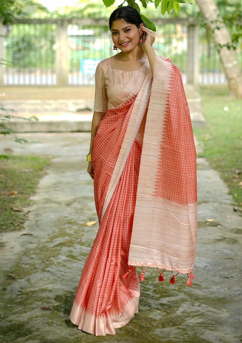 Peach Embroidered Tussar Silk Saree Set
