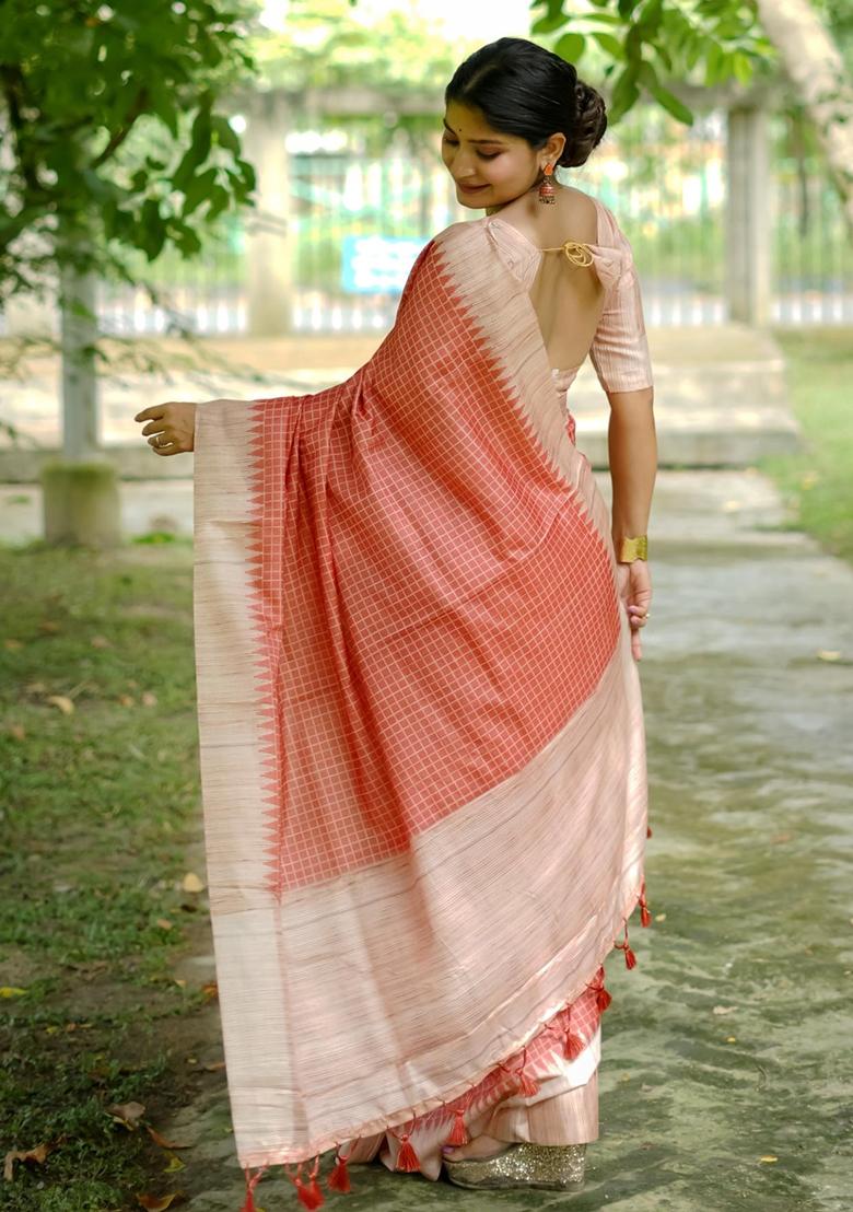 Peach Embroidered Tussar Silk Saree Set