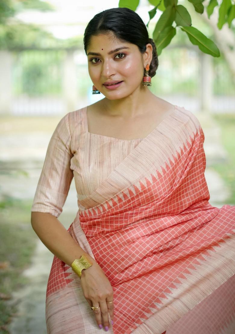 Peach Embroidered Tussar Silk Saree Set