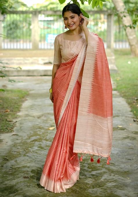 Peach Embroidered Tussar Silk Saree Set