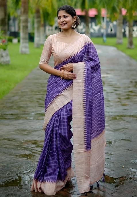 Purple Embroidered Tussar Silk Saree Set