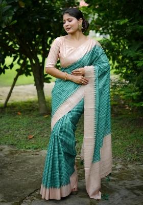 Rama Embroidered Tussar Silk Blend Saree Set