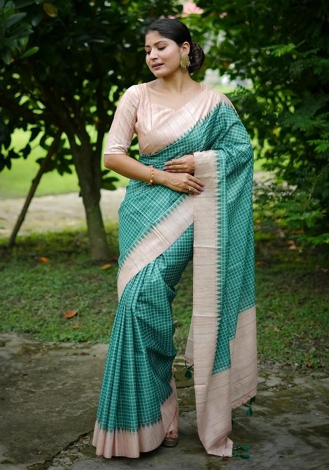 Rama Embroidered Tussar Silk Saree Set