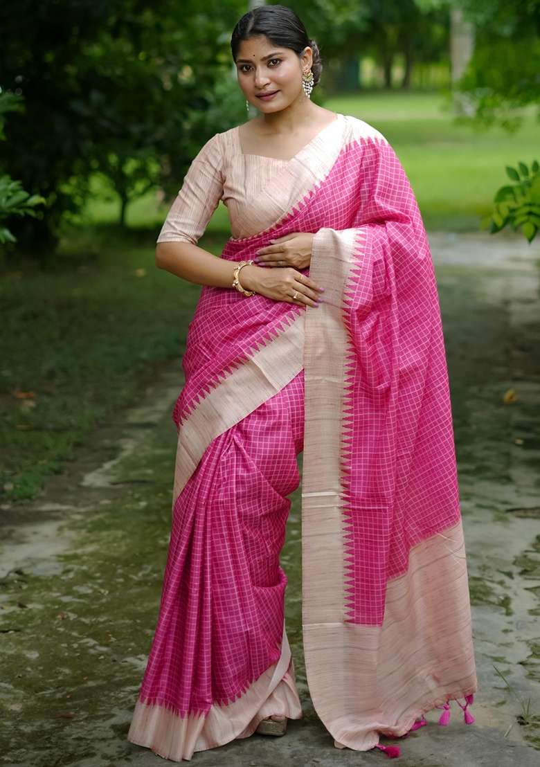 Rani Pink Embroidered Tussar Silk Blend Saree Set for Diwali and Festive Wear - Indya