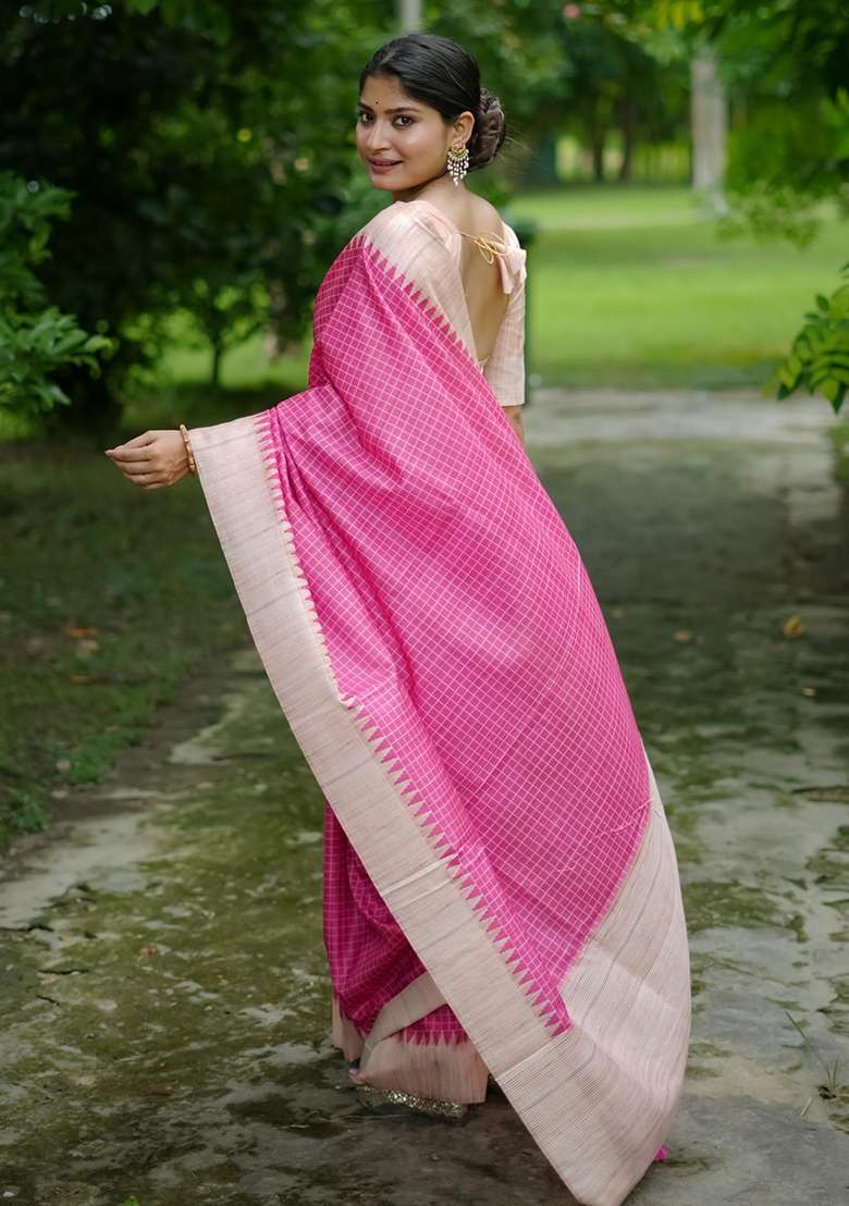 Rani Pink Embroidered Tussar Silk Blend Saree Set for Diwali and Festive Wear - Indya