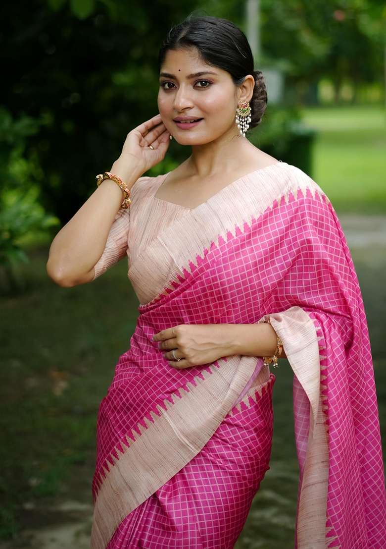 Rani Pink Embroidered Tussar Silk Blend Saree Set for Diwali and Festive Wear - Indya